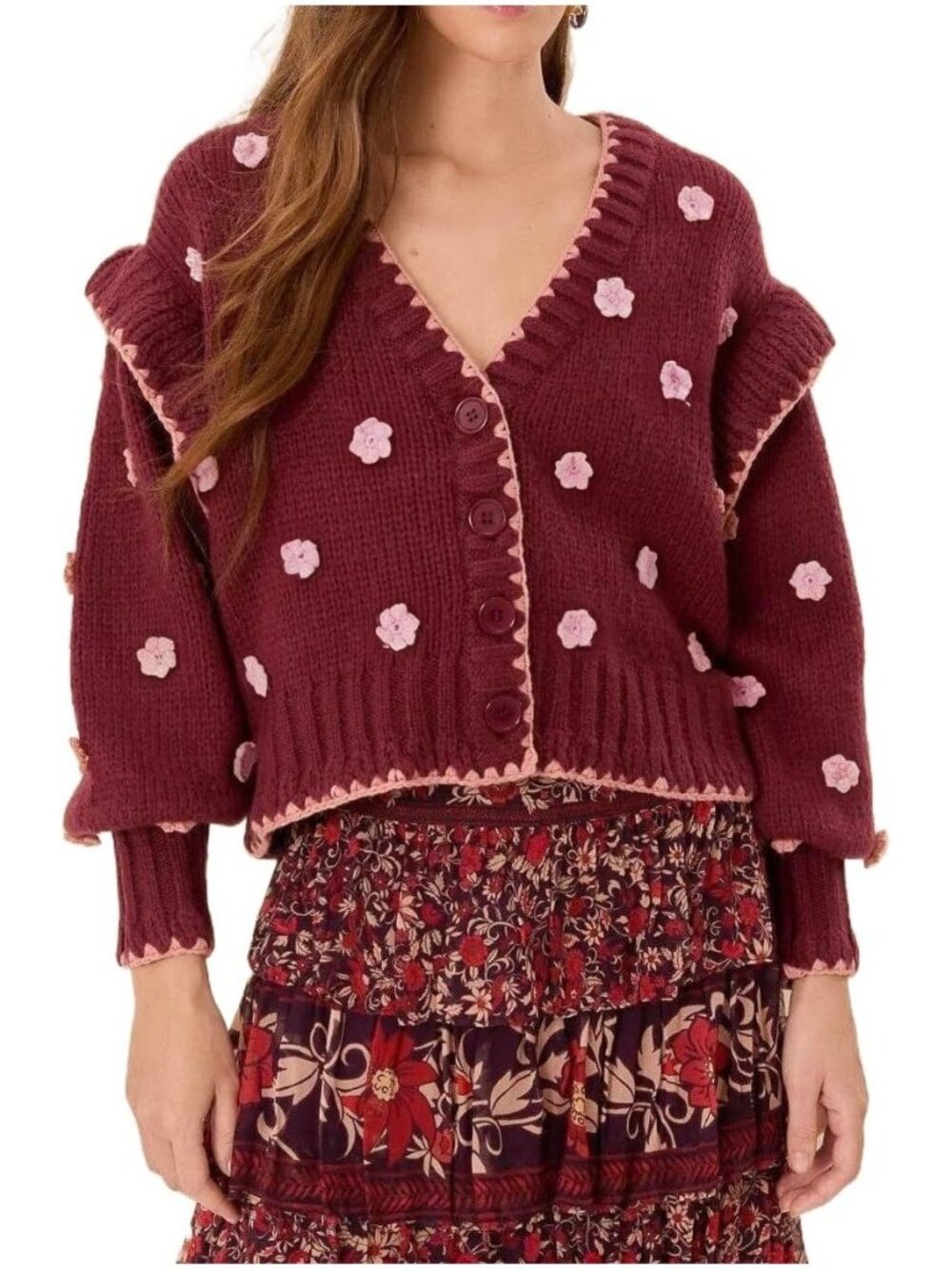 Womens Floral Cardigan Sweater Chunky Knit Drop Shoulder V Neck Button Down